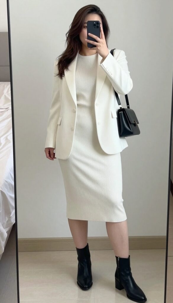 Black knit midi dress with white blazer and ankle boots