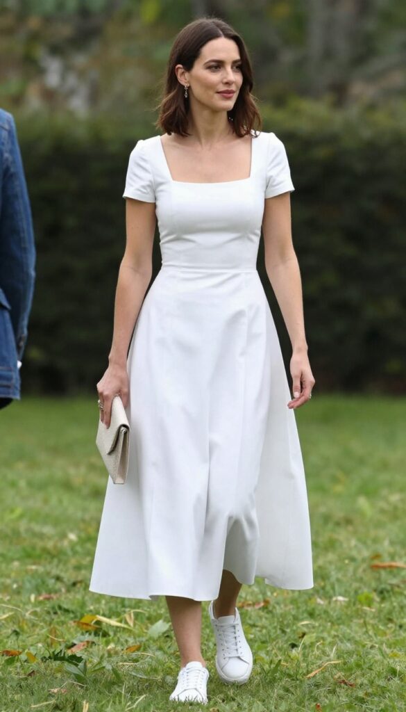 Woman in white square-neck midi dress with cropped denim jacket and white sneakers at outdoor wedding reception