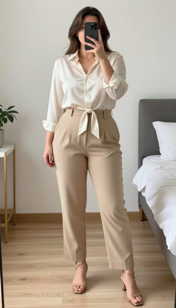 A woman in a knotted silk blouse and high-waisted trousers, standing in a bright office, looking polished and modern.