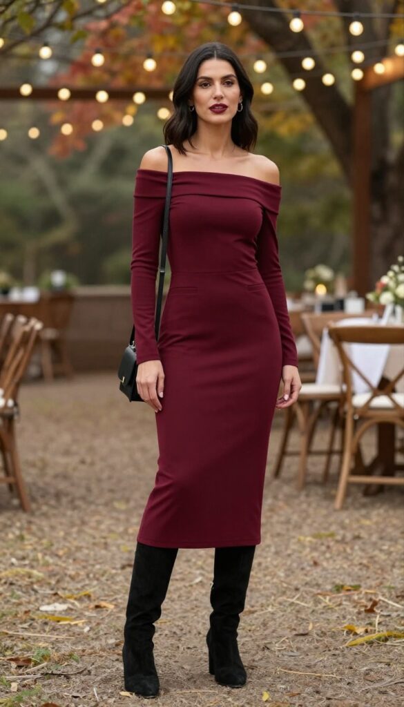 Woman in wine red off-shoulder dress with pockets and black ankle boots at rustic wedding venue