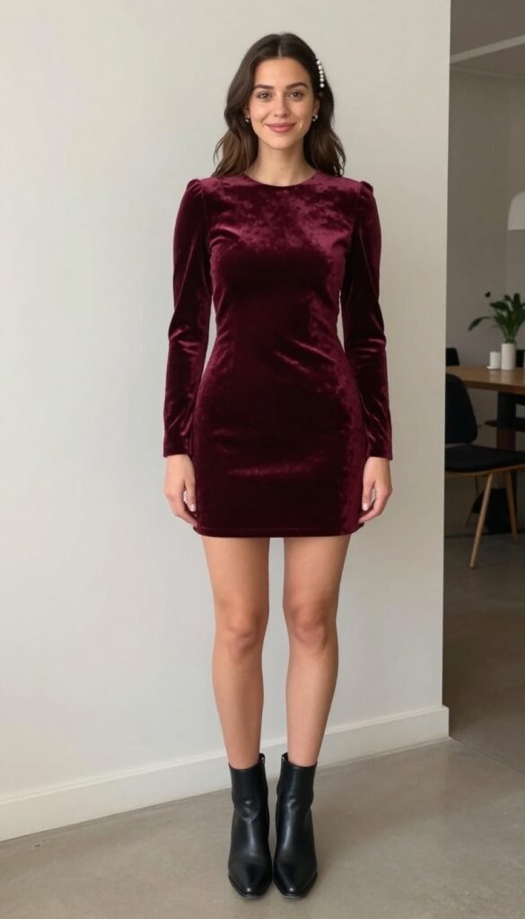 Woman in burgundy velvet mini dress with pearl hair comb and heeled boots for a boho wedding look
