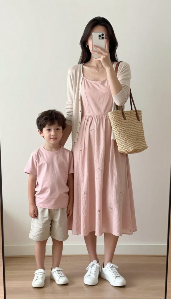 Mom and son in pastel pink coordinated outfits: mom in a pink midi dress with white sneakers and a beige cardigan, son in a pink tee and beige shorts, both in white sneakers, taking a mirror selfie in a bright room.