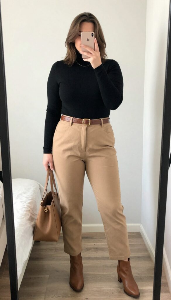 A woman in a black turtleneck and camel straight-leg pants, posing in a mirror selfie, partially covering her face with a phone.