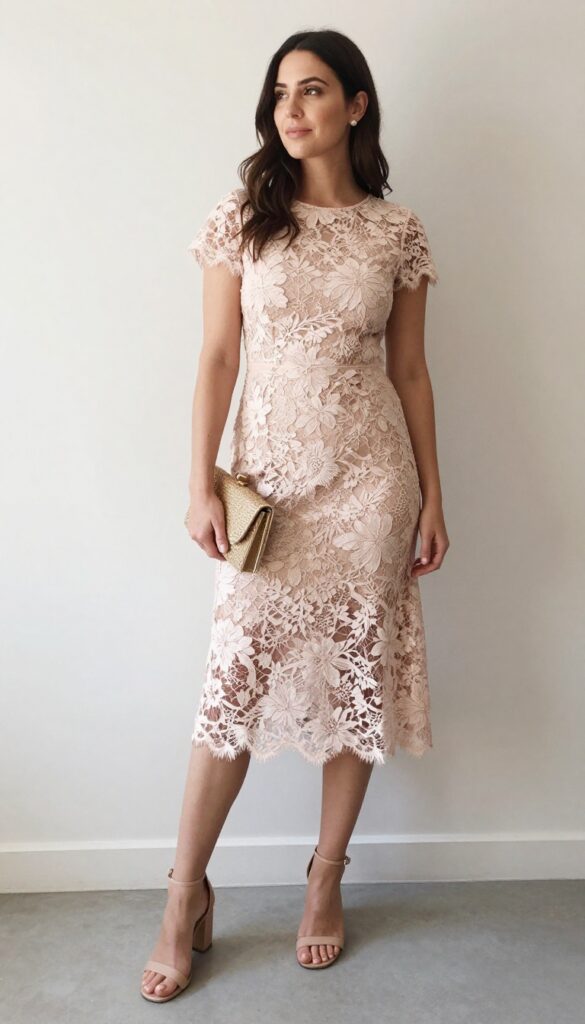 Woman in floral lace midi dress and nude heels standing in sunlit garden, smiling at camera.