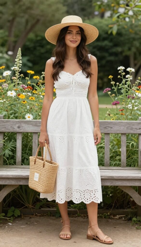 Woman in white eyelet midi dress and straw hat at garden wedding