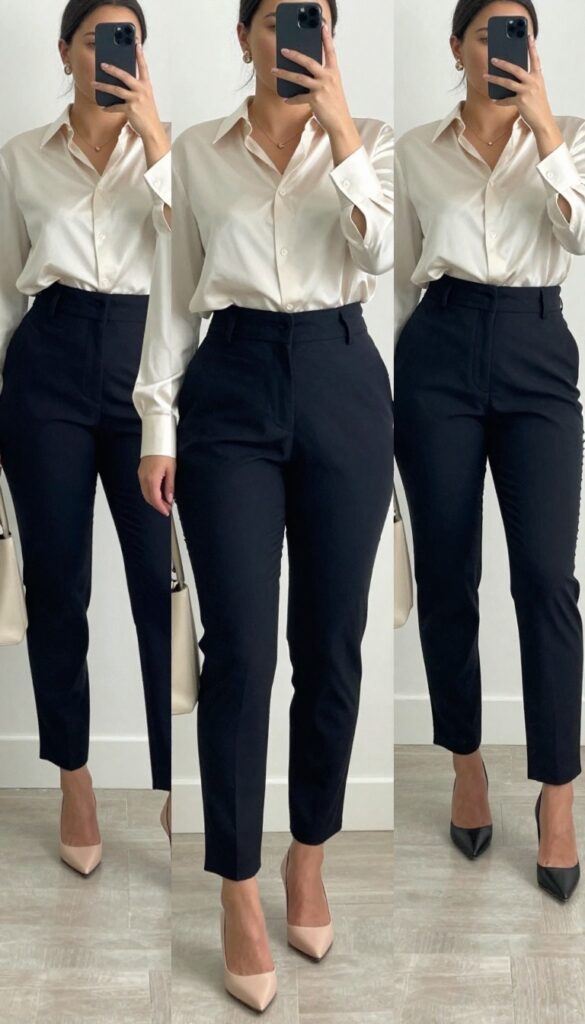 Woman in silk blouse and tailored trousers, pointed-toe pumps, structured tote, minimal jewelry