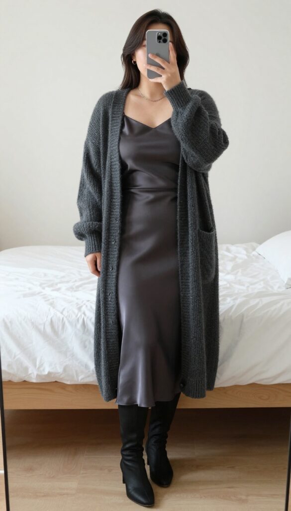 Woman in long cardigan and satin slip skirt, mirror selfie partially covering face with phone, bedroom setting