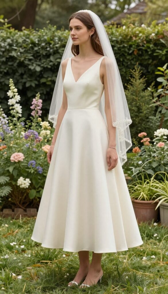 A young woman in a low back satin wedding dress with a floral embroidered veil, standing in a sunlit garden.