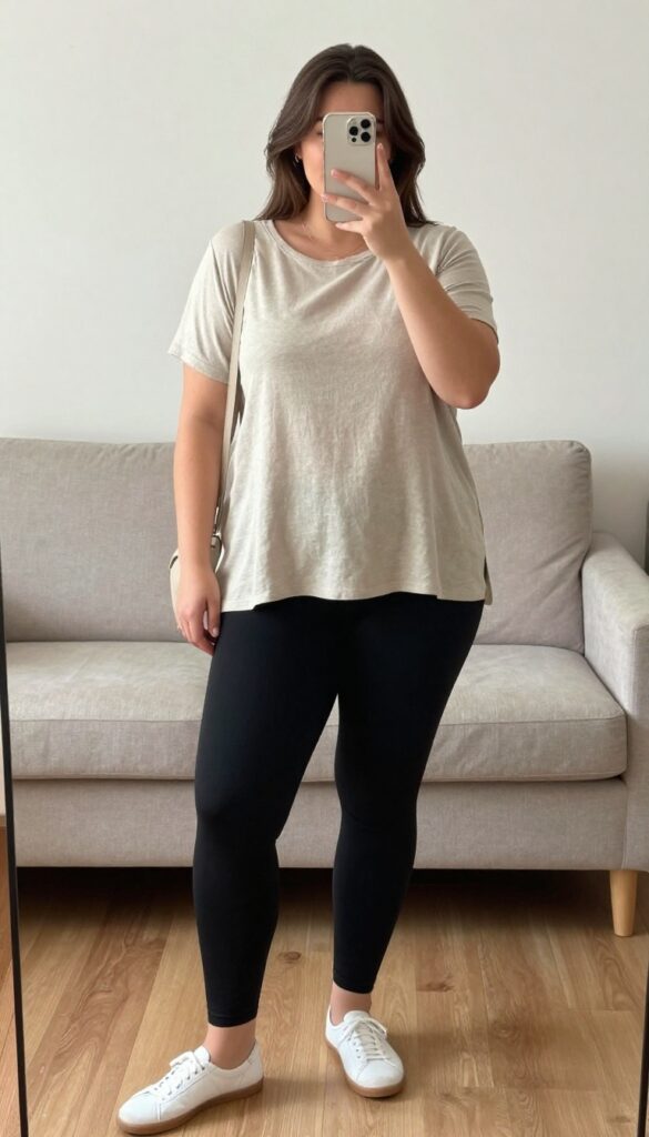 Woman in flowy tunic top and leggings, standing in a bright coffee shop, holding a coffee cup.