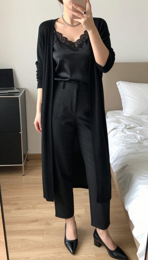 Woman in black silk camisole with lace trim under a longline black cardigan, paired with black pinstripe trousers and heeled ankle boots, accessorized with silver chain necklace and dark gemstone ring.