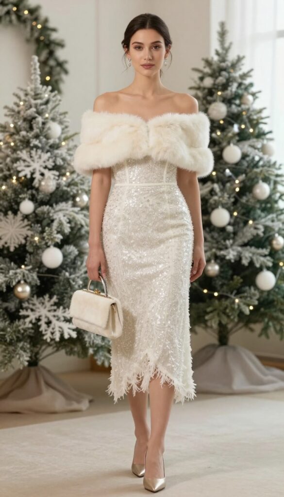 Young adult woman in off-shoulder crystal wedding dress with fur-trimmed cape, standing in softly lit indoor venue with winter floral decor