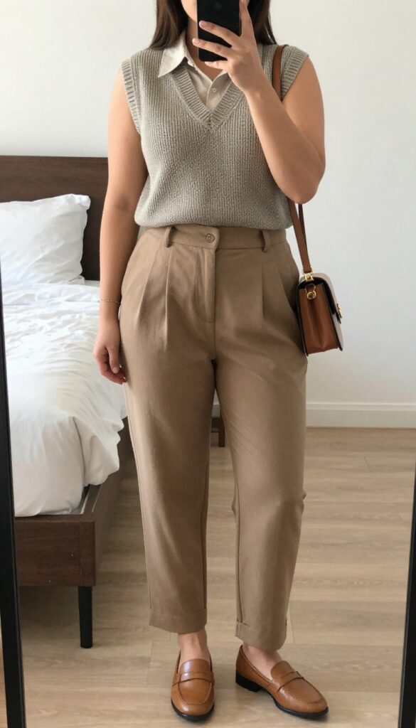 Woman in knit vest, button-down, and pleated trousers with penny loafers