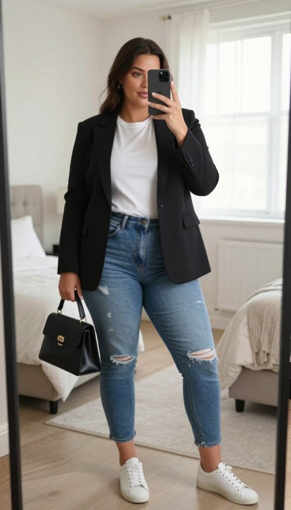 Plus-size woman in distressed jeans and black blazer taking a mirror selfie, showcasing a polished casual outfit.