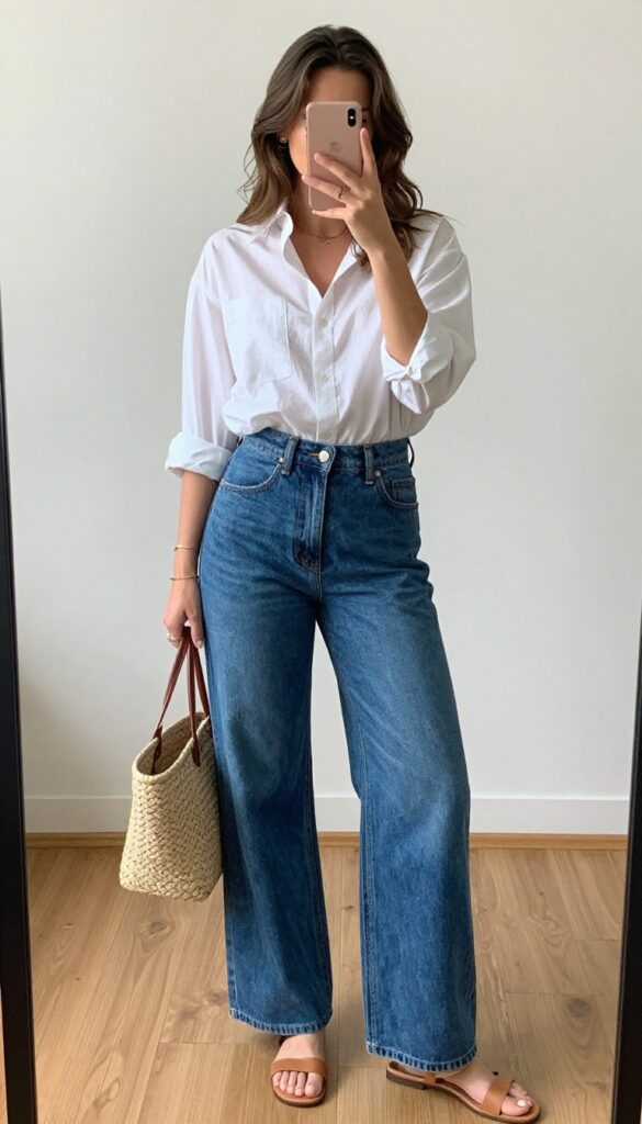 Woman in white button-down shirt and high-waisted wide-leg blue jeans taking a mirror selfie, wearing flat sandals and carrying a woven tote bag.