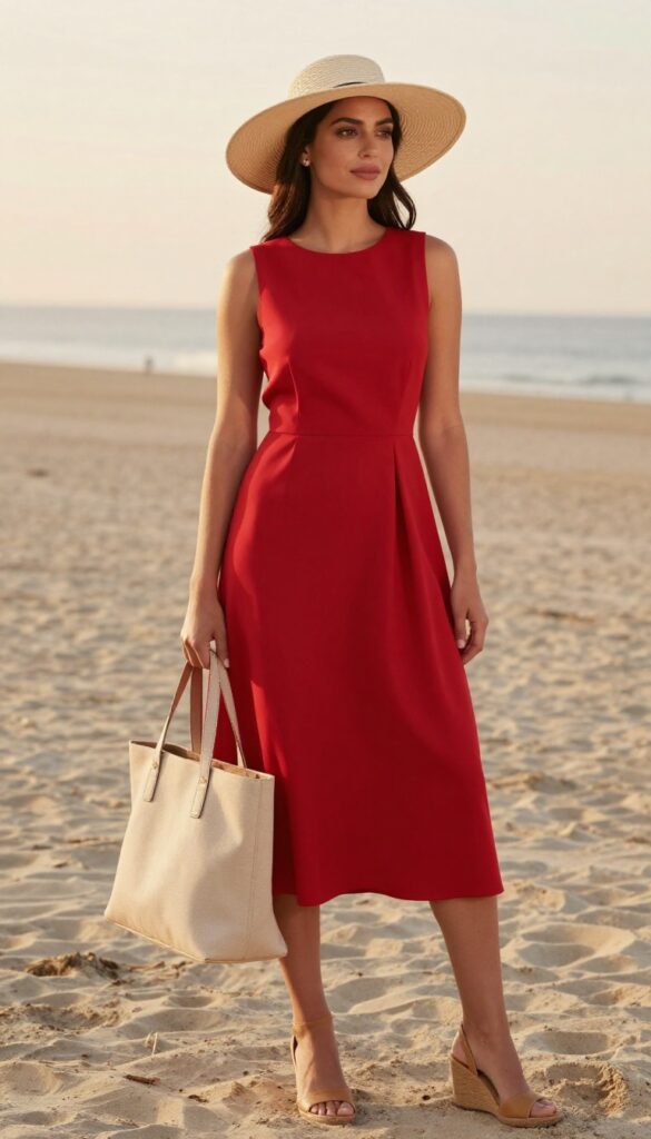 Woman in red wedding dress with cream hat and woven wedges on beach at sunset