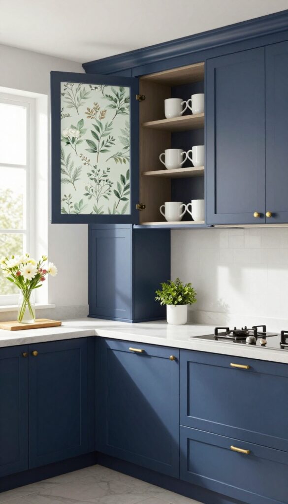 Open upper cabinet with glass door showing botanical wallpaper lining the back, ceramic mugs and a plant inside, navy blue cabinets, brass handles, natural light, clean countertop.