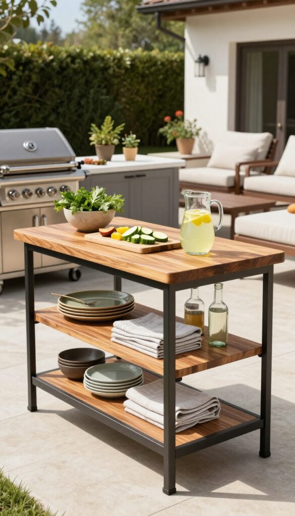 Mobile outdoor kitchen island with butcher block top, shelves with platters and bottles, near grill and seating area
