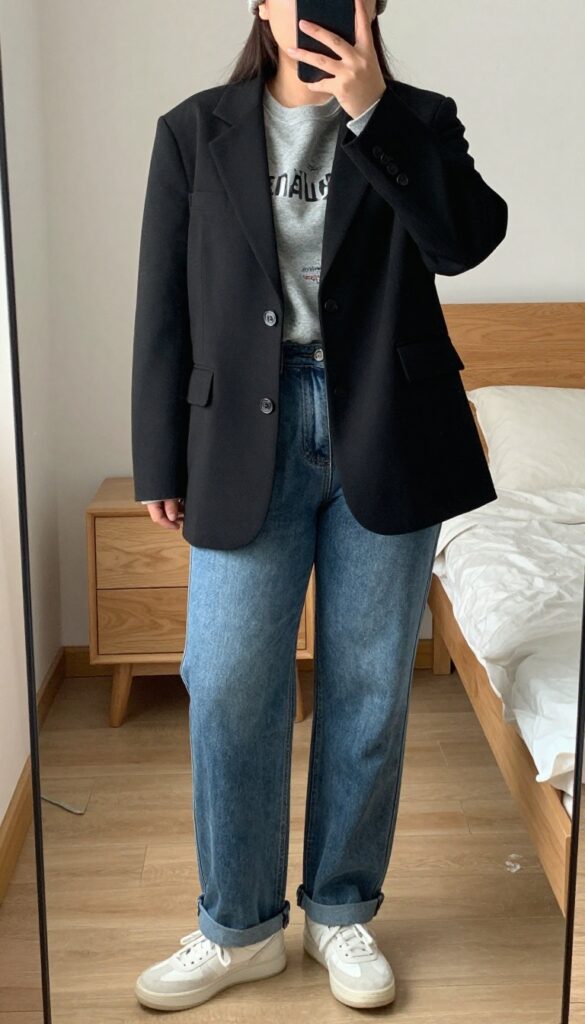 Woman in oversized blazer over graphic sweatshirt, jeans, chunky sneakers, and beanie