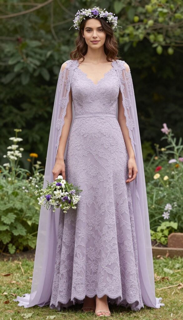 A young adult woman with long wavy hair wearing a dusty purple lace wedding gown with a flowing chiffon cape, standing in a sunlit garden with a flower crown and barefoot sandals, holding a wildflower bouquet.