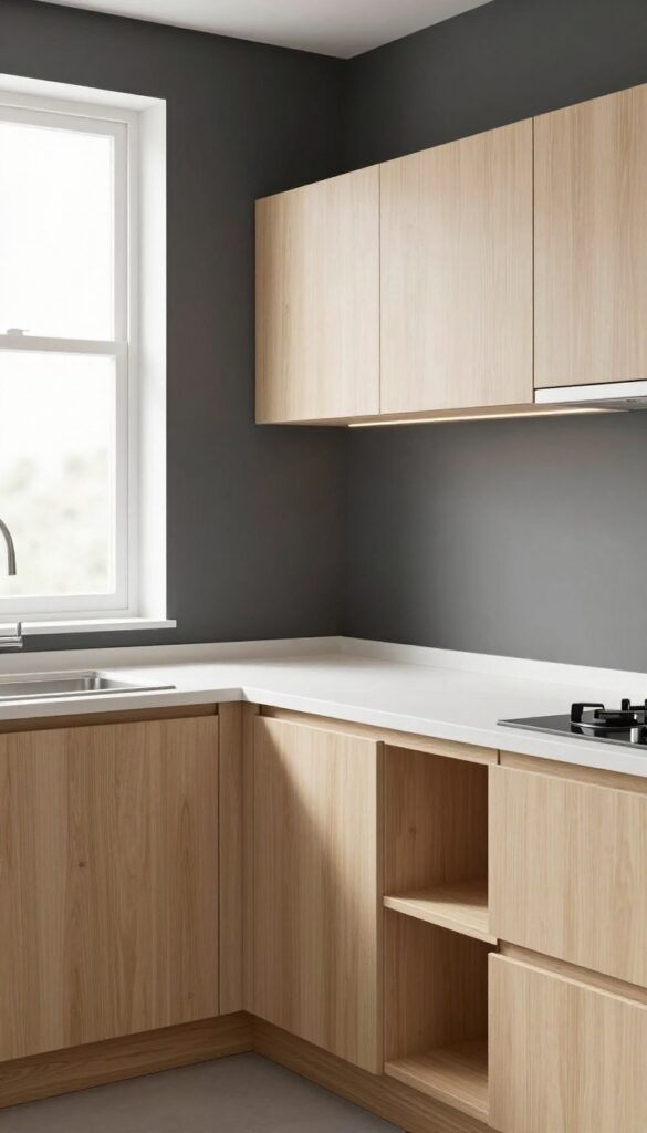 Small kitchen with charcoal accent wall, light wood cabinets, white countertop, open shelving, under-cabinet lighting, and natural light from window.