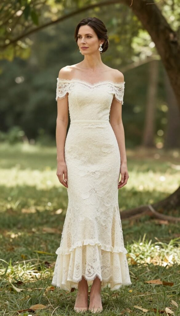 Woman in off-shoulder lace gown with ruffled hem in forest