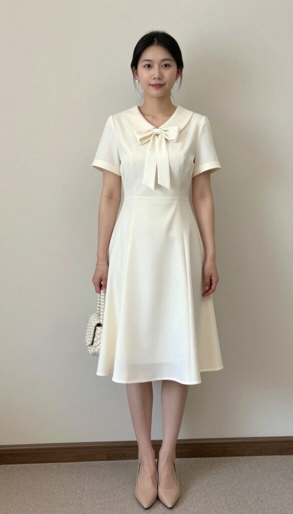 Woman in elegant modest wedding dress with short sleeves and bow at collar, standing in bright courthouse hallway or garden, smiling naturally.