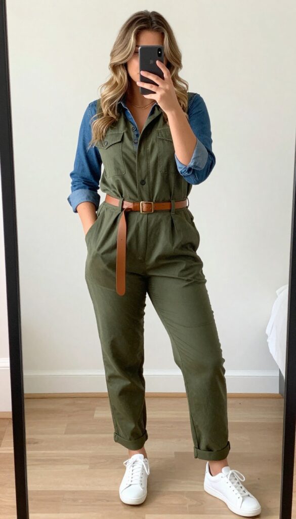 A woman wearing an olive utility jumpsuit with a tan leather belt, white sneakers, and an unbuttoned blazer, standing in a bright office setting.