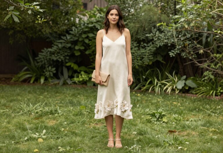 Woman in cream silk slip dress with floral embroidery, nude sandals, and woven clutch in garden