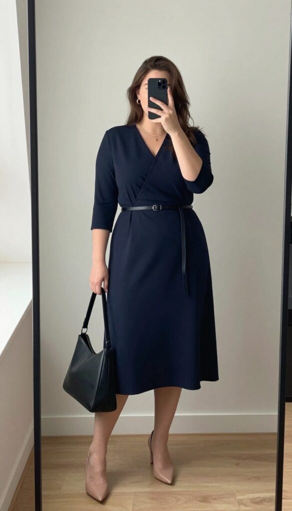 Plus-size woman in a midi wrap dress with belted waist, posing in a mirror selfie. She wears nude block heels and carries a structured black tote, with delicate gold jewelry. The setting is bright and minimalist, conveying professional style.