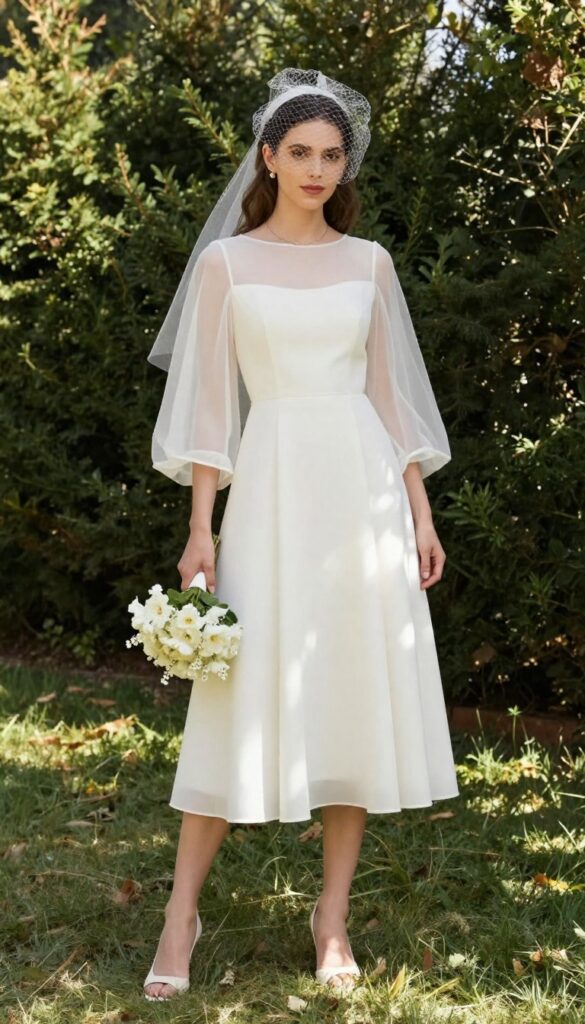 A woman in a white tea-length wedding dress with sheer bell sleeves stands in a sunlit garden, holding a bouquet, wearing kitten heels and a birdcage veil.