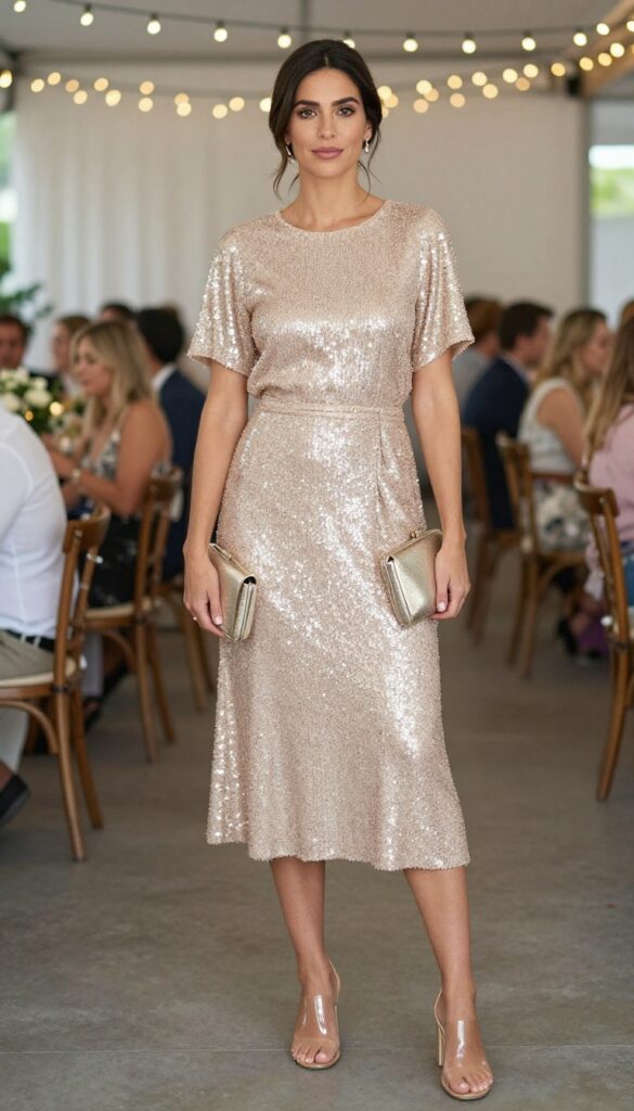 Young adult woman in champagne sequin dress with pockets and clear heels at evening wedding reception, holding metallic clutch, smiling at camera.