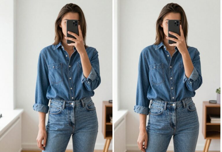 Young mom in relaxed denim and oversized button-up shirt, taking a mirror selfie, effortless and stylish outfit.