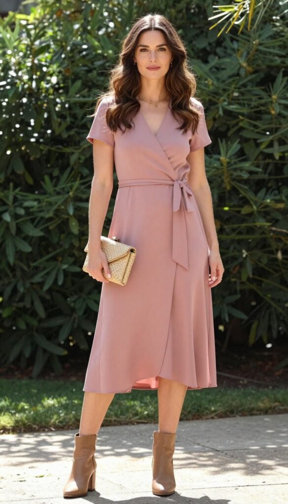 Woman in dusty rose wrap dress with cognac block heel boots in garden