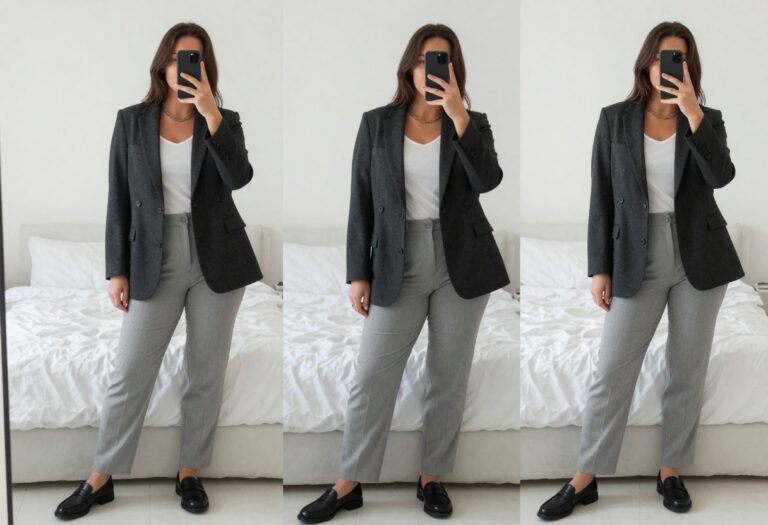 Woman in charcoal blazer, white tee, and light gray trousers taking a mirror selfie in bedroom
