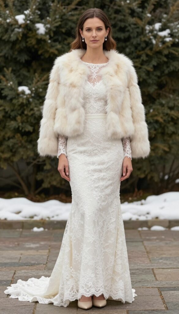 Woman in long-sleeve lace mermaid wedding dress with faux fur stole in winter outdoor setting
