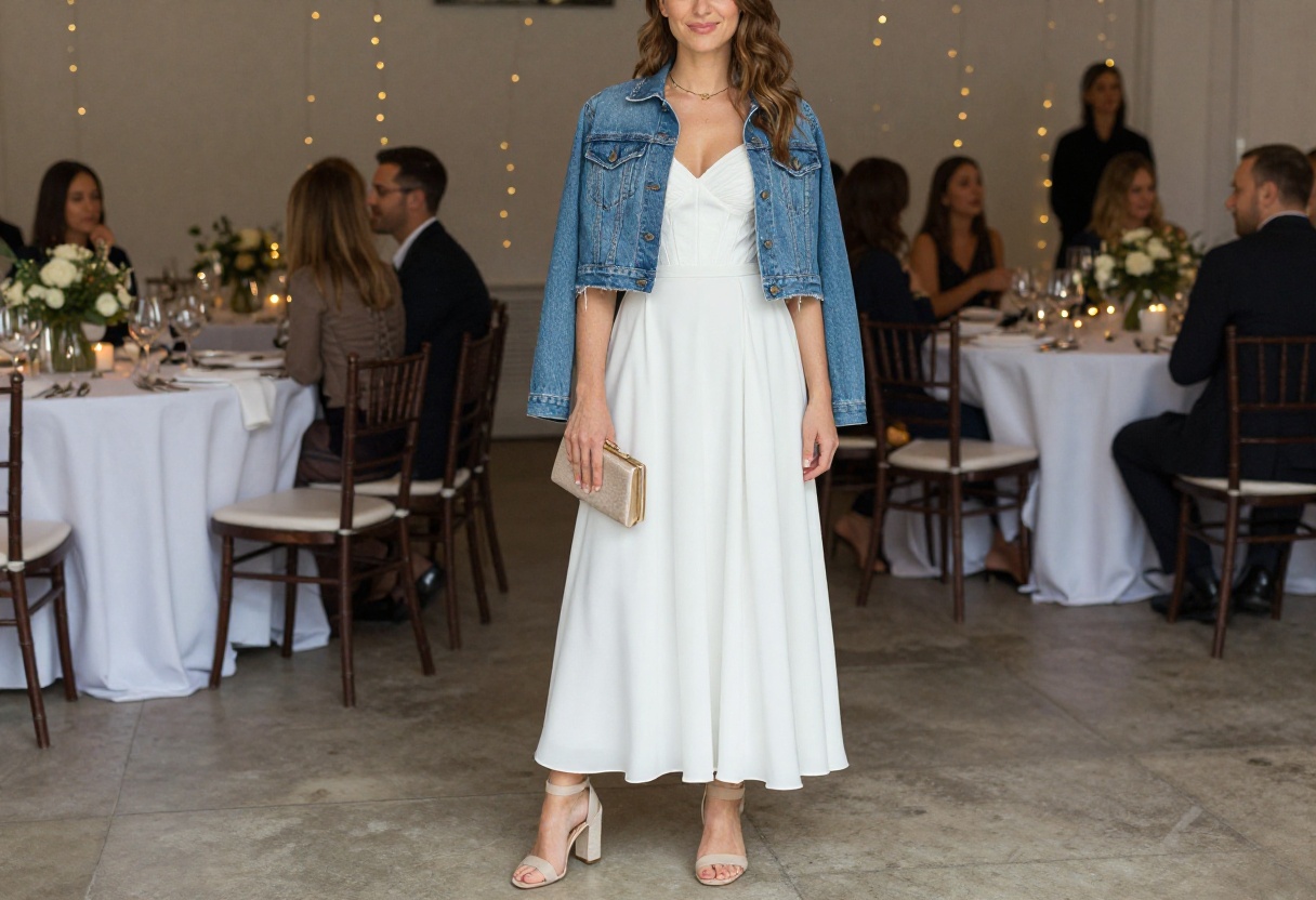 Woman in corset wedding dress with denim jacket at reception