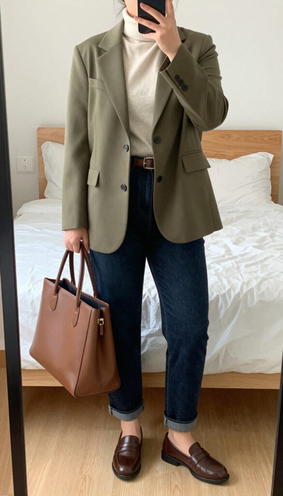 Woman in olive blazer, cream turtleneck, dark wash jeans, brown loafers, and structured tote, standing in a bright office or café.