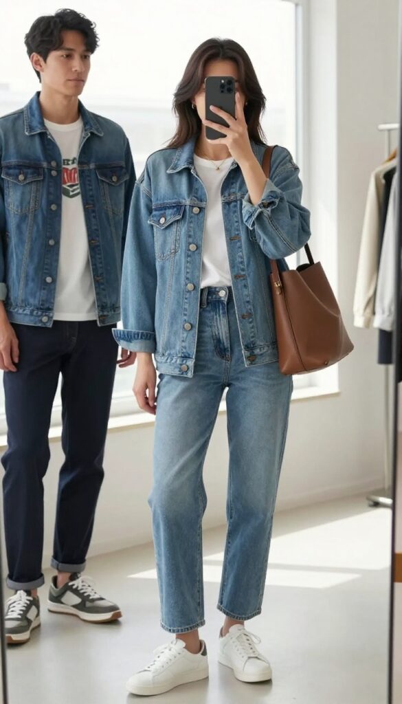 Mom and son wearing matching light-wash denim jackets over casual outfits, mom in white tee and jeans, son in graphic tee and dark jeans, posing in a mirror selfie in bright natural light.