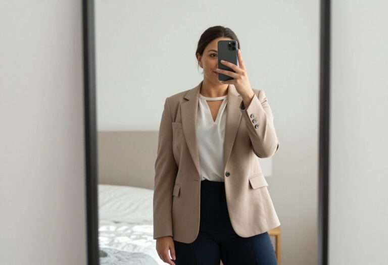 Woman in business casual outfit with flats taking a mirror selfie in bedroom