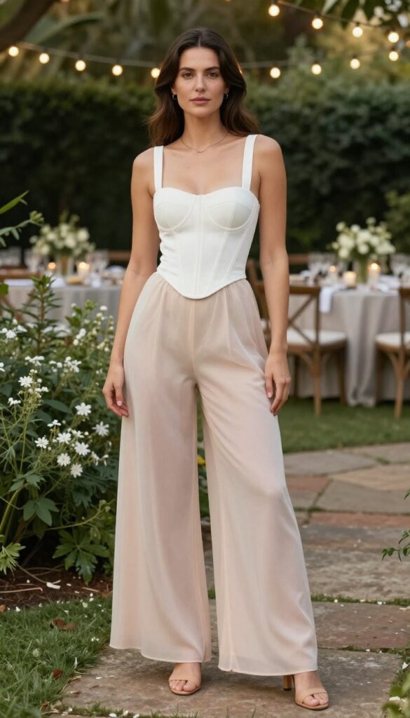 Woman in white corset and blush sheer overskirt standing in garden with fairy lights, looking over shoulder.