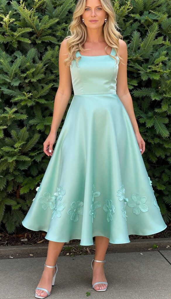Woman in mint satin A-line dress with floral appliqués, silver sandals, white clutch, standing in sunlit garden.