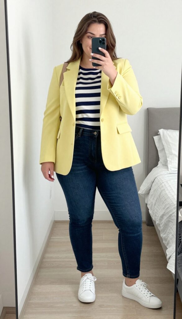 Lemon yellow blazer with striped top and dark jeans for young women business casual outfit idea