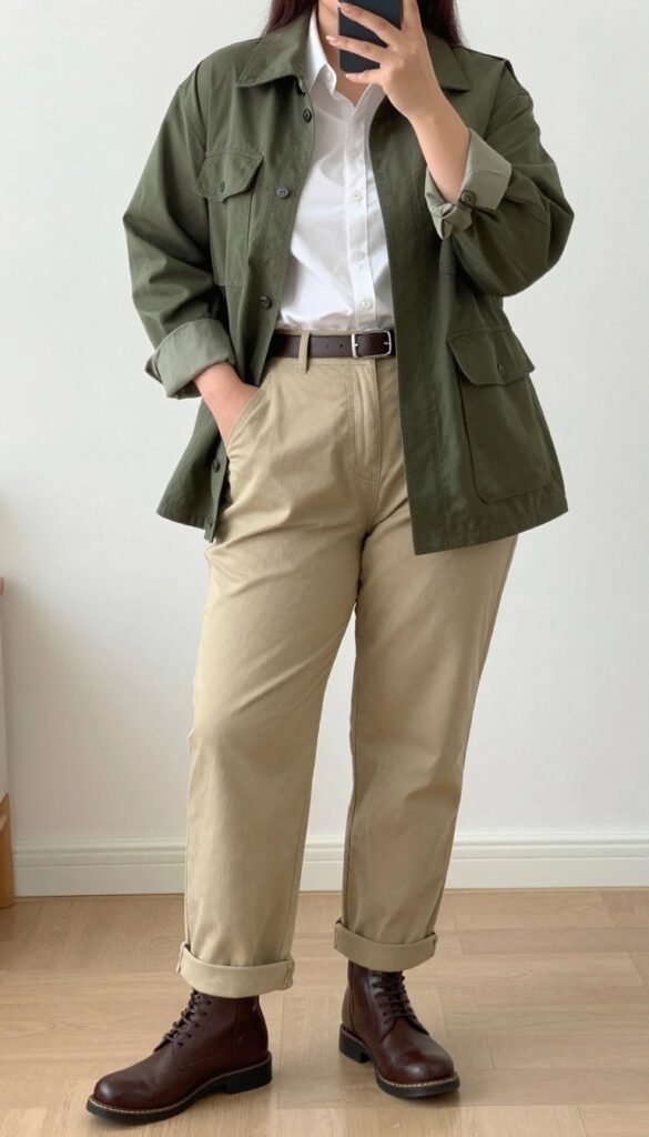 Plus size woman in olive green utility jacket, white button-down, khaki chinos, and brown leather boots