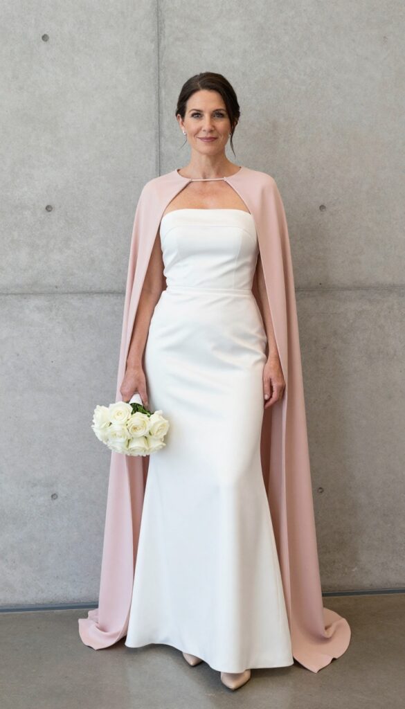 Woman in white strapless gown with blush pink cape in art gallery