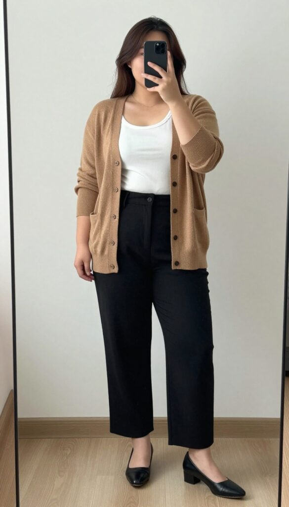 Camel cardigan with black wide-leg trousers and white tee, tucked front, rolled sleeves, loafers