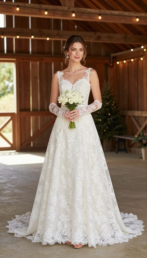 Woman in lace mermaid wedding dress with detachable gloves in rustic barn