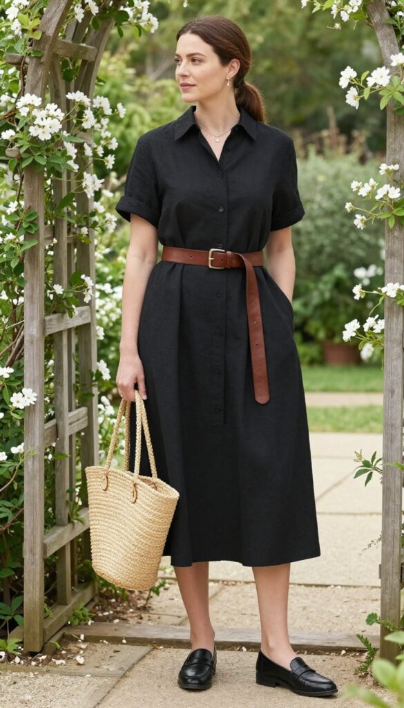 Black midi shirt dress with wide brown leather belt, straw tote, and black loafers in a sunny garden setting.