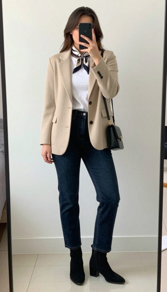 Plus-size woman in knit blazer, straight-leg jeans, and ankle boots, looking polished and professional.