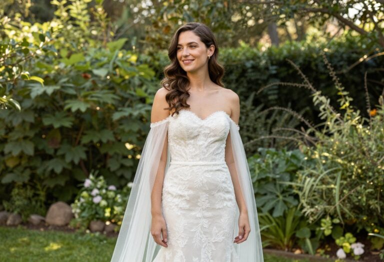 Bride in strapless lace wedding dress with flowing tulle cape in garden