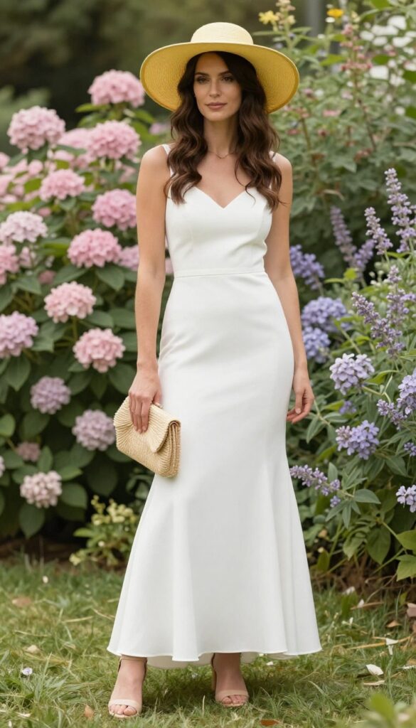 Bride in butter yellow wide-brim hat and white mermaid wedding dress with nude sandals and woven clutch in pastel garden